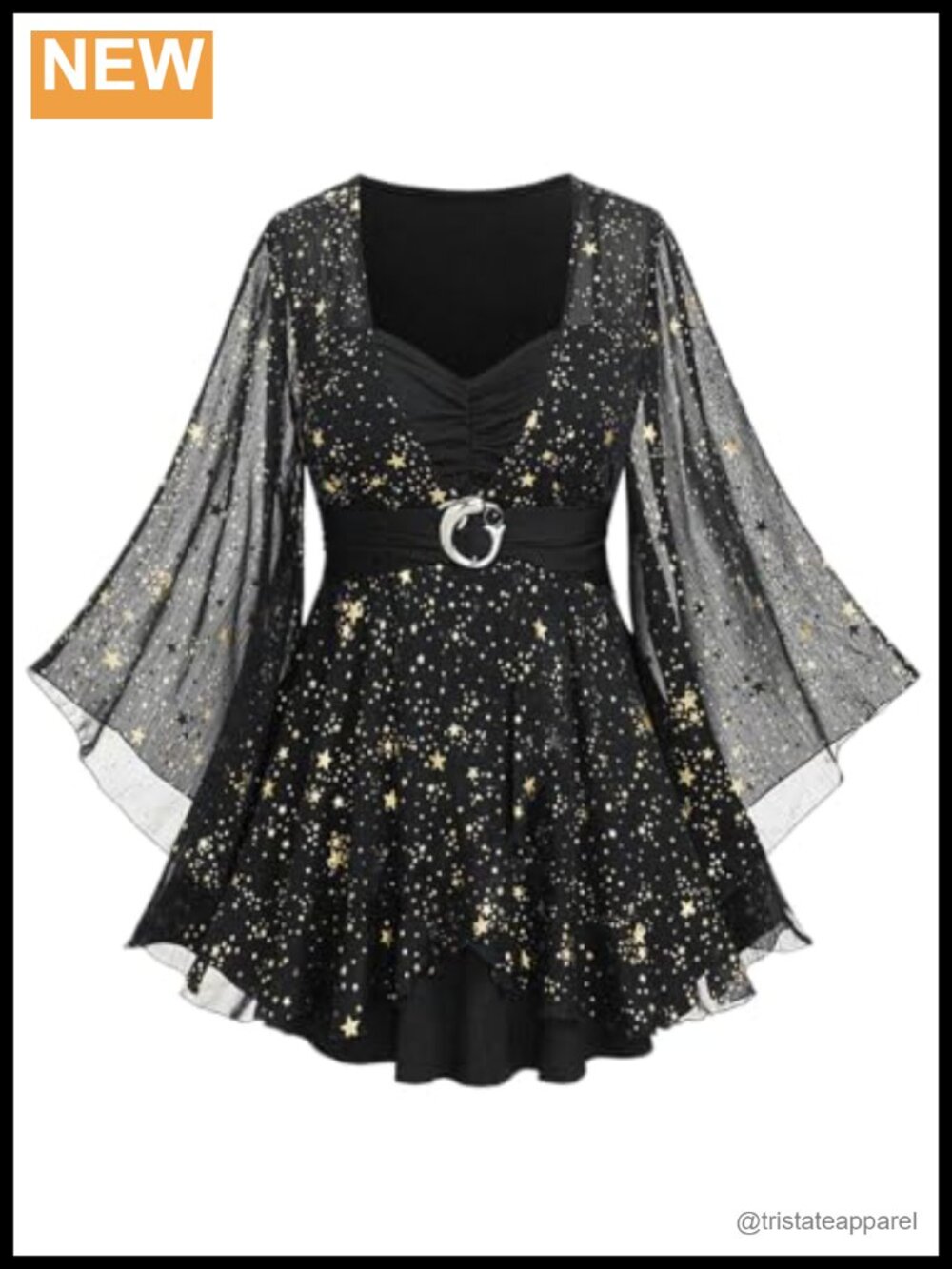 Plus Size Sparkly Star Bell Sleeve Sweetheart Neck Blouse